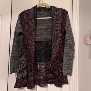 Boutique-Flowy Burgundy and Gray Open Front Cardigan